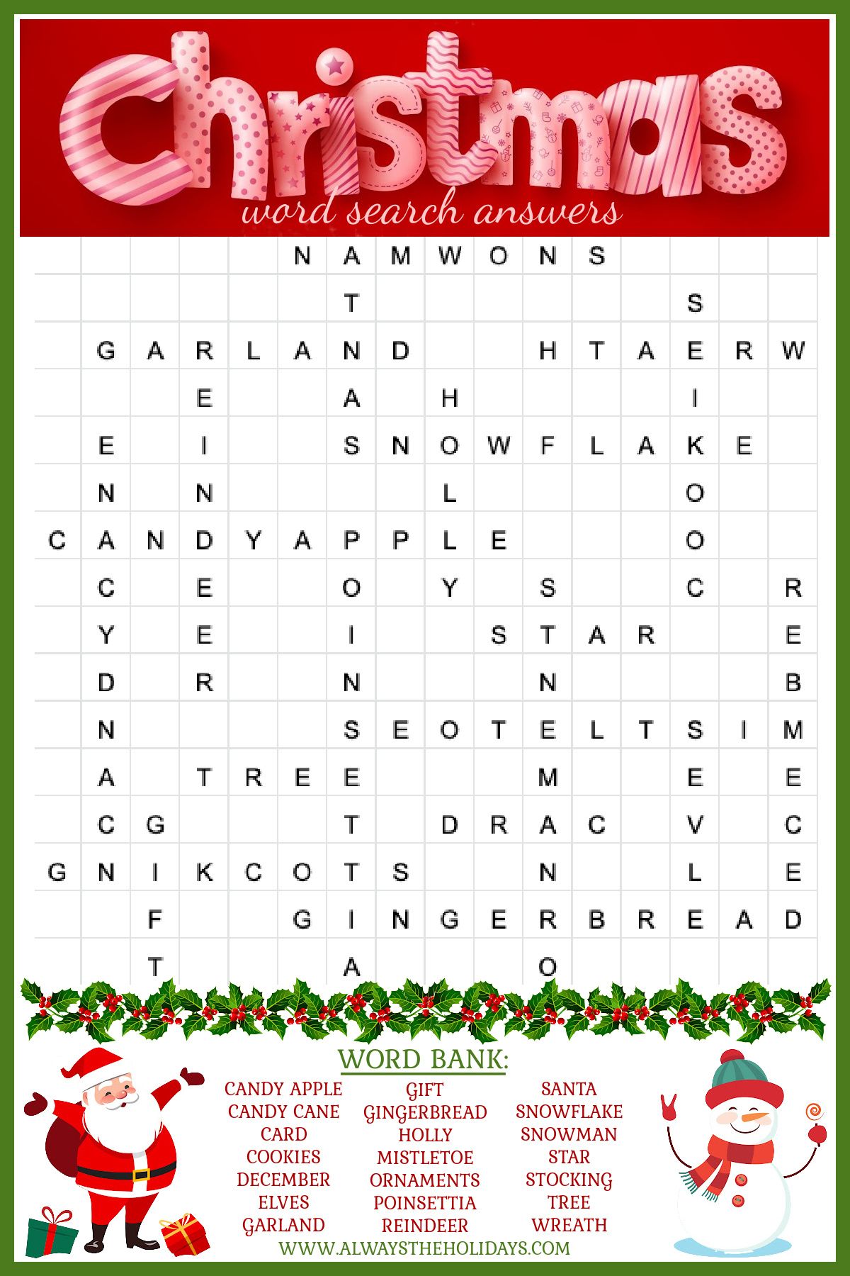free christmas word search printable - with answer key included